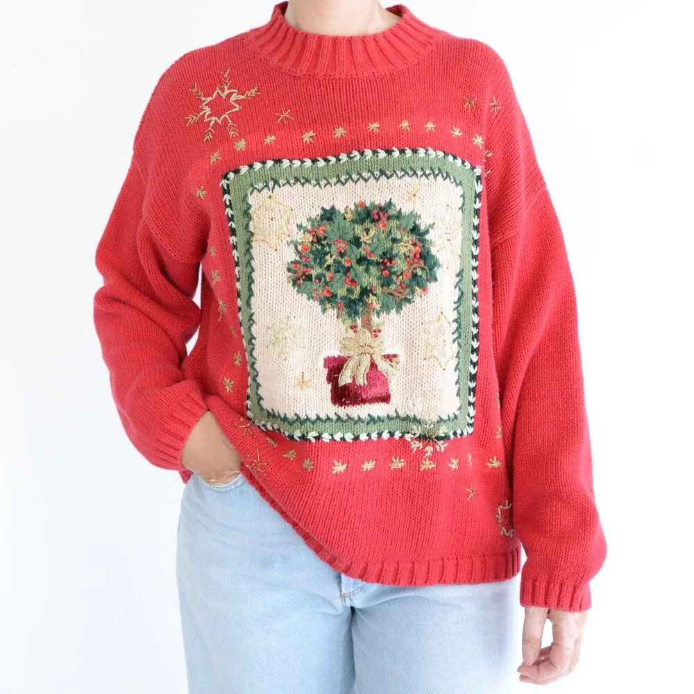 Vintage '02 Y2K Tiara Red Ugly Christmas Tree Festive Knit Mock Neck Sweater L